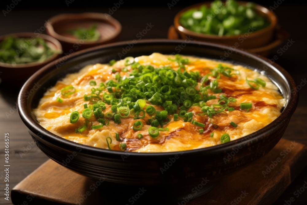 Comforting Bowl of Oyakodon (Chicken and Egg Rice Bowl) with Savory Broth, Generative AI