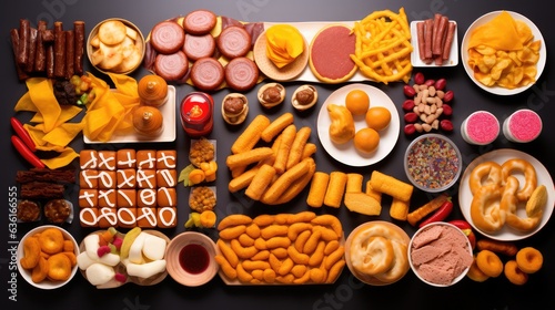 Composition of many junk unhealthy fast food on the table. Ultra processed food concept. Low nutrition value, high calories value