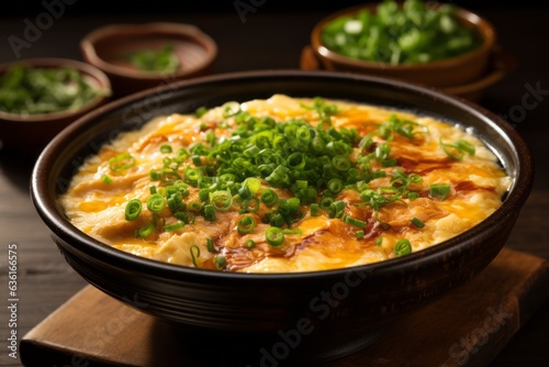 Comforting Bowl of Oyakodon (Chicken and Egg Rice Bowl) with Savory Broth, Generative AI