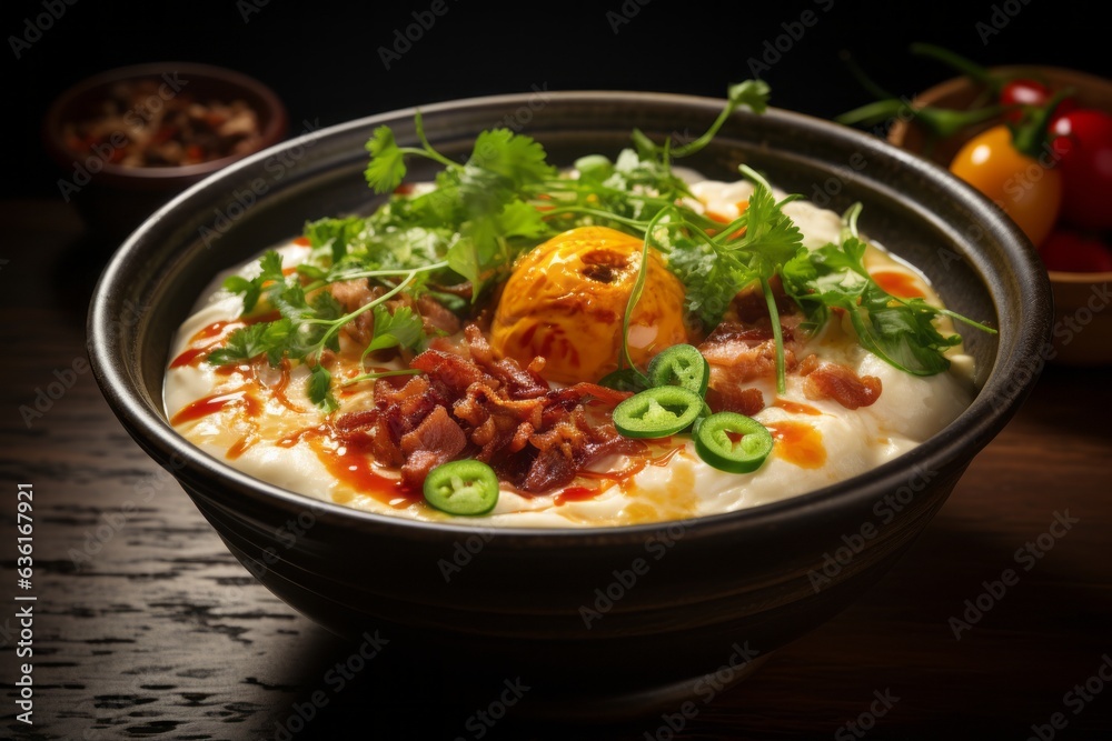 Comforting Bowl of Congee (Rice Porridge) Topped with Savory Toppings, Generative AI