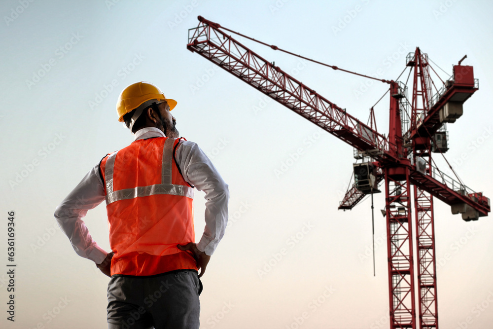 Back view of Indian male engineer wearing helmet and vest standing and supervising progress of construction project with crane in the background, Low angle shot. Economy of india Back view of Indian male engineer wearing helmet and vest standing and supervising progress of construction project with crane in the background, Low angle shot. Economy of india