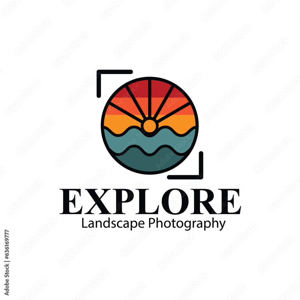 Photography logo with nature, Icon logo of a camera with sea, Photography logo with camera