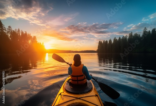 woman canoeing on a lake surrounded by mountains