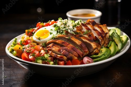 Colorful and Fresh Cobb Salad with Avocado, Bacon, Eggs, and Grilled Chicken, Generative AI