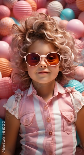 Portrait of pink barbie girl wearing sunglasses and swimming suit in pool, summer birthday portrait with balloons background.. © aboutmomentsimages