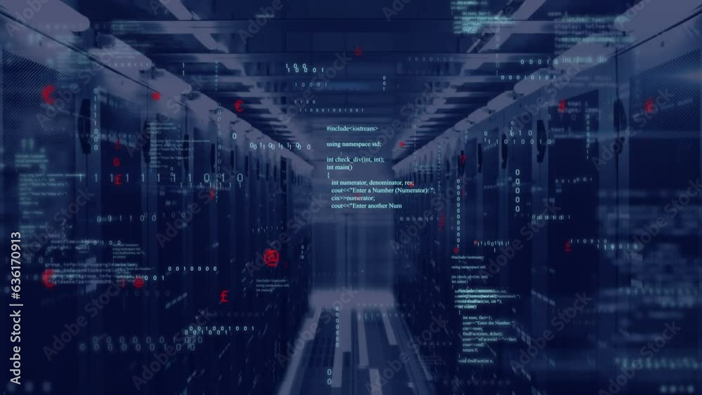 Animation of computer language and binary codes over bars on data server racks in server room Animation of computer language and binary codes over bars on data server racks in server room
