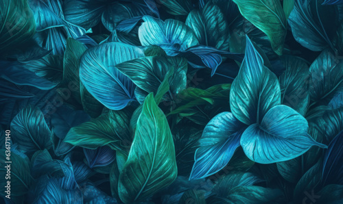 Tropical leafs wallpaper. Blue plants background. For postcard, book illustration. Created with generative AI tools © Lidok_L