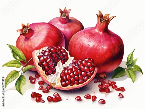 Red pomegranate fruits with leaves