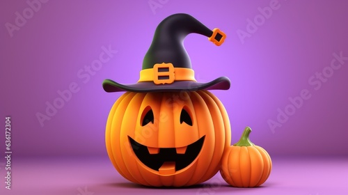 Cute smiling Halloween pumpkin wearing witch hat isolated on purple background. AI Generated in 3d style. © ShniDesign