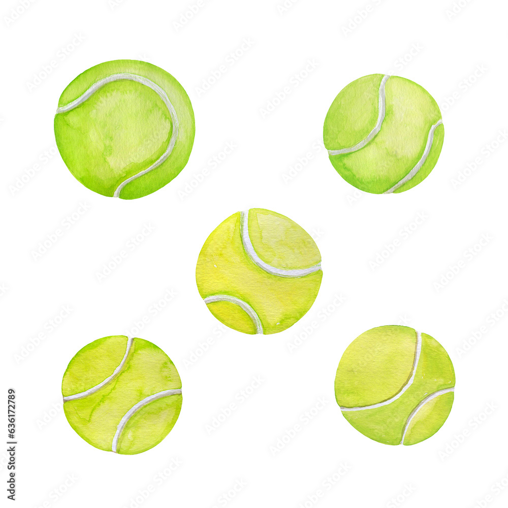 Watercolor tennis ball illustrations isolated on white.
