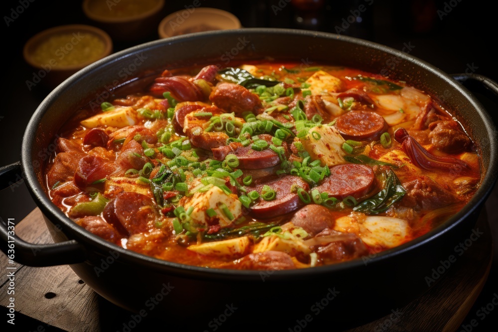Bubbling Pot of Spicy and Savory Budae Jjigae (Army Stew) Filled with Sausages, Spam, and Vegetables, Generative AI