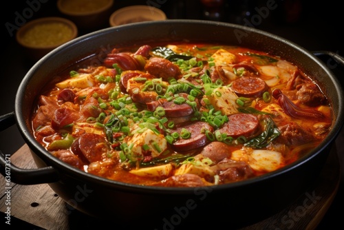 Bubbling Pot of Spicy and Savory Budae Jjigae (Army Stew) Filled with Sausages, Spam, and Vegetables, Generative AI