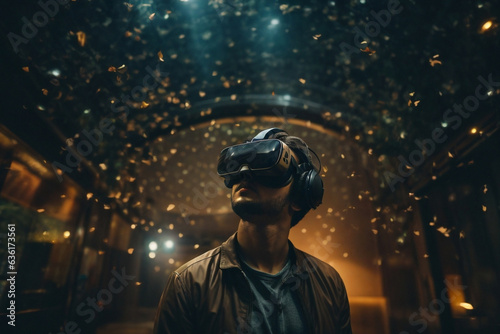Man in VR glasses explores immersive metaverse, future technology.