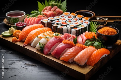 Beautifully Arranged Sushi Platter with an Assortment of Nigiri and Maki Rolls, Generative AI