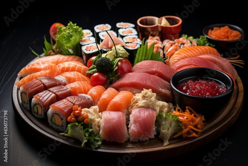 Beautifully Arranged Sushi Platter with an Assortment of Nigiri and Maki Rolls, Generative AI