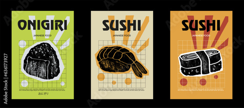Japanese sushi, onigiri set. Price tag or poster design. Set of vector illustrations. Typography. Engraving style. Labels, cover, t-shirt print, painting.