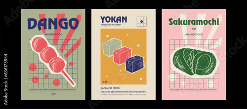 Japanese dango, yokan, sakuramochi. Price tag or poster design. Set of vector illustrations. Typography. Engraving style. Labels, cover, t-shirt print, painting.