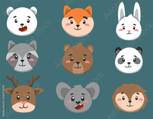 Fototapeta Naklejka Na Ścianę i Meble -  set of cute forest animals faces in vector, children characters for design
