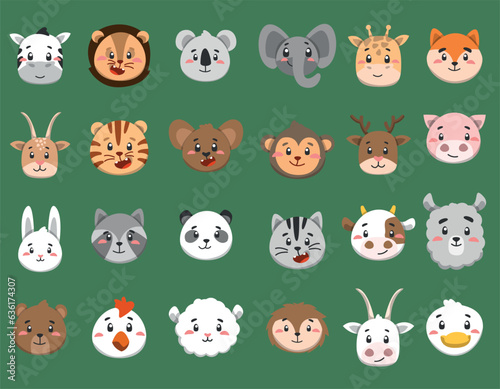 vector illustrations of animal faces  large set  flat style