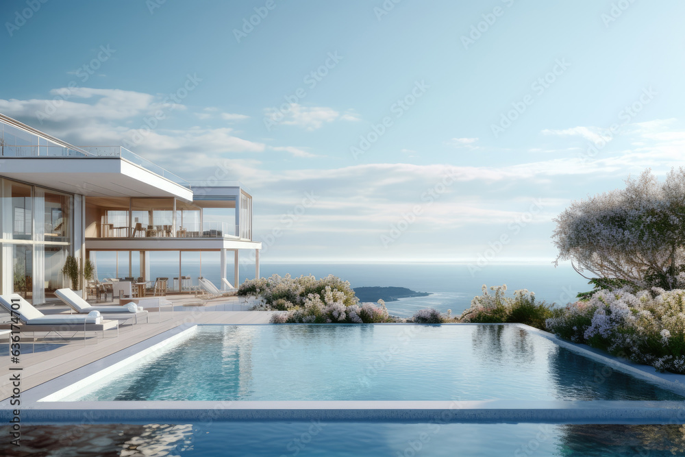 Fototapeta premium White hotel resort in minimal and modern Mediterranean design, with swimming pool and sea view background, private pool villa house on hill, with Generative Ai.