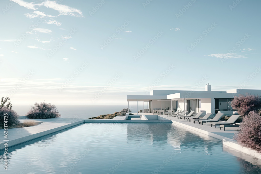 Fototapeta premium White hotel resort in minimal and modern Mediterranean design, with swimming pool and sea view background, private pool villa house on hill, with Generative Ai.