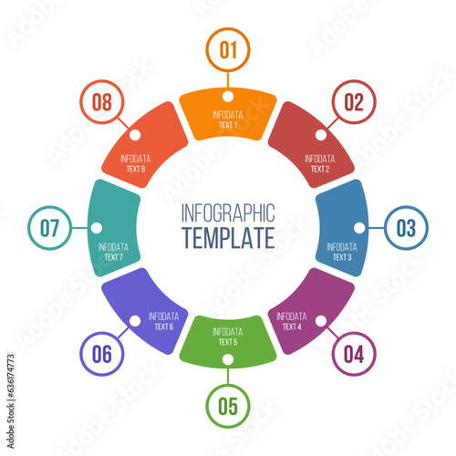 Infographic design template with 8 options, steps or parts. Vector different colors template. Business concept. Flat design vector illustration for business presentation.