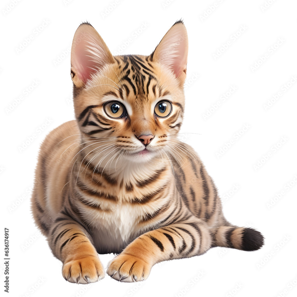 Fototapeta premium Bengal cat cutout,front view,sitting. Generative ai art. 