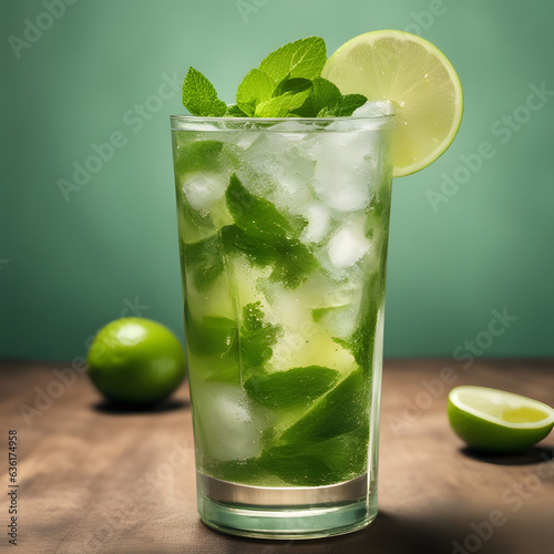 Cocktail-Mojito im Glas mit Eiswürfeln, Limettenscheibe und Minze dekoriert