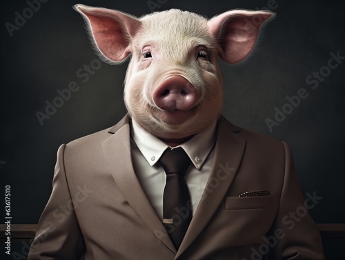 face of pig in suit and tie