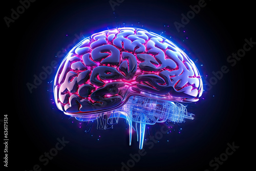 Digital AI electronic brain made from metallic with neon light, neural data storage machine, Artificial intelligence neural system , futuristic technology concept, with Generative Ai.