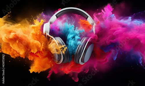 A headphone with colorful color powder splash