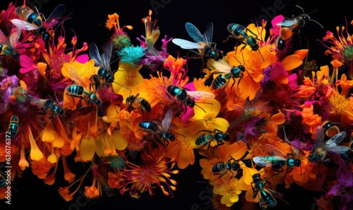 Ants finding food over colorful flowers