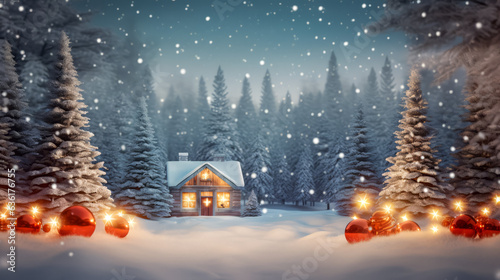  Beautiful winter house and Christmas tree on the mountain. Christmas greeting card © zamuruev