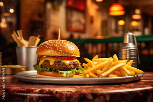 Delicious burgers with beef, tomato, cheese and french fries on plate, restaurant on background