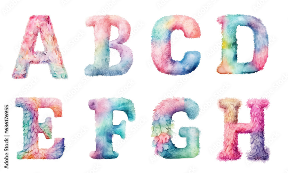 © tashechka - Watercolor cute soft colorful fluffy adorable knitted kawaii letters. Сapital letters of the English alphabet: a, b, c, d, e, f, g, h. © tashechka - Watercolor cute soft colorful fluffy adorable knitted kawaii letters. Сapital letters of the English alphabet: a, b, c, d, e, f, g, h.