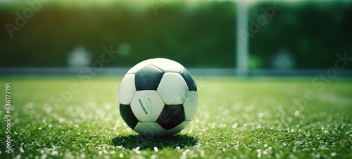 soccer ball on green field back sunlight © alexxndr