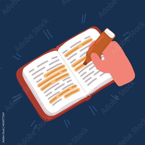 Cartoon vector illustration of High light pen marker making mark in book. Student concept. photo