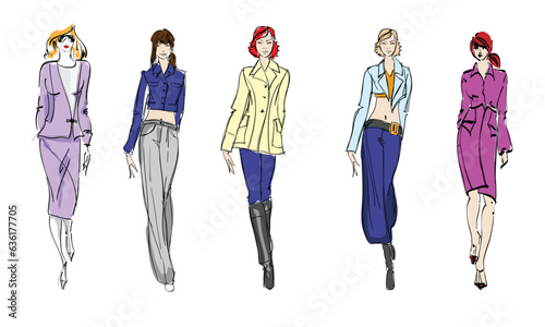Beautiful young girl in stylish clothes. Fashion woman look. Sale concept. Hand-drawn fashion illustration. Cute girl in fashion clothes