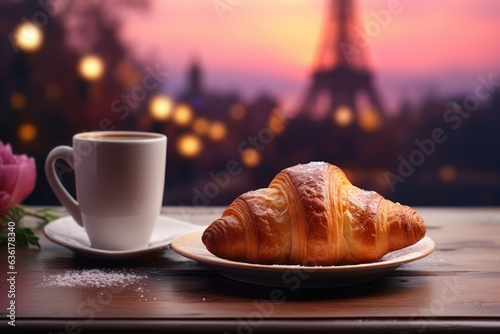 Delicious croissant and cup of coffee or tea on wooden table, city in the background
