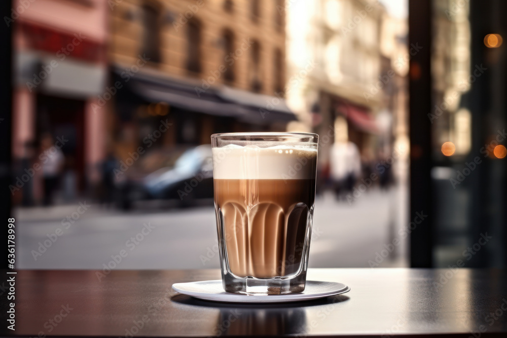 Tasty breakfast - cup of coffee, street in the city on the background Tasty breakfast - cup of coffee, street in the city on the background