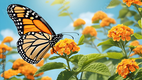 Valokuva beautiful spring summer image of monarch butterfly on orange lantana flower agai