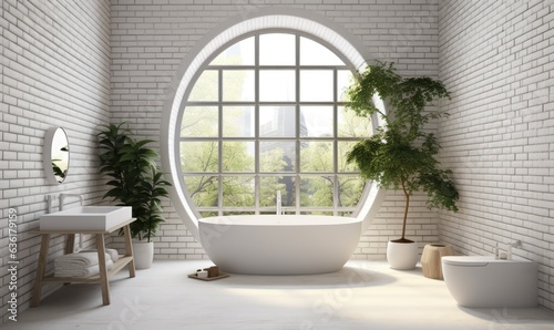 Modern white brick bathroom interior with window Gener