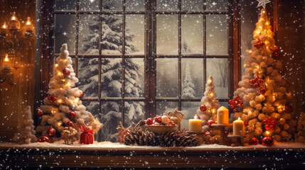 Christmas scene with tree and decorations, lights, balls, gifts in living room and window in center