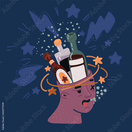 Cartoon vector illustration of Drunk man with bottle in his head.