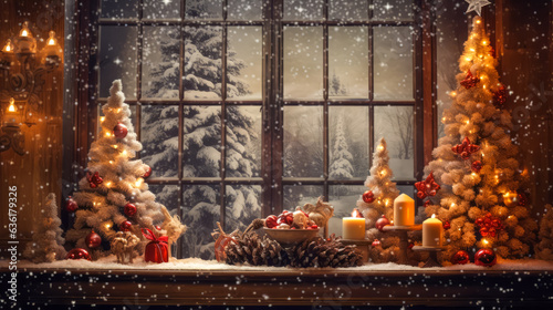 Christmas scene with tree and decorations, lights, balls, gifts in living room and window in center