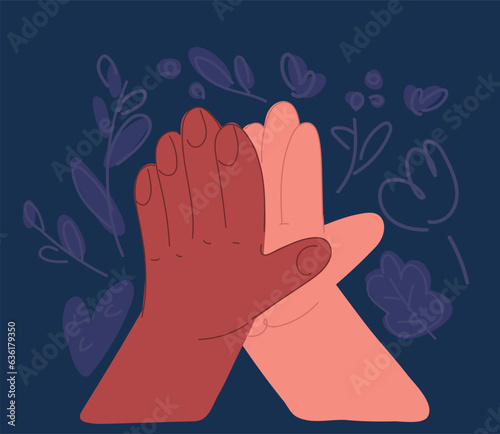 Cartoon vector illustration of Two hands giving high five, clapping palms icon. Biracial arms slap, greeting hi gesture of friends. Partners congratulation with great deal.