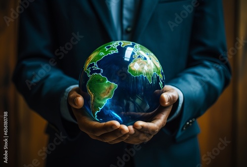 earth picked up by hand of businessman in suit
