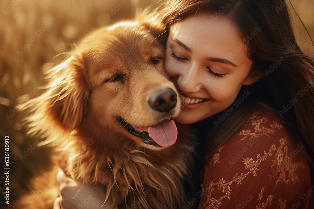 Young asian Woman smiling and hugging her dog at golden sunset light, close up face Young asian Woman smiling and hugging her dog at golden sunset light, close up face