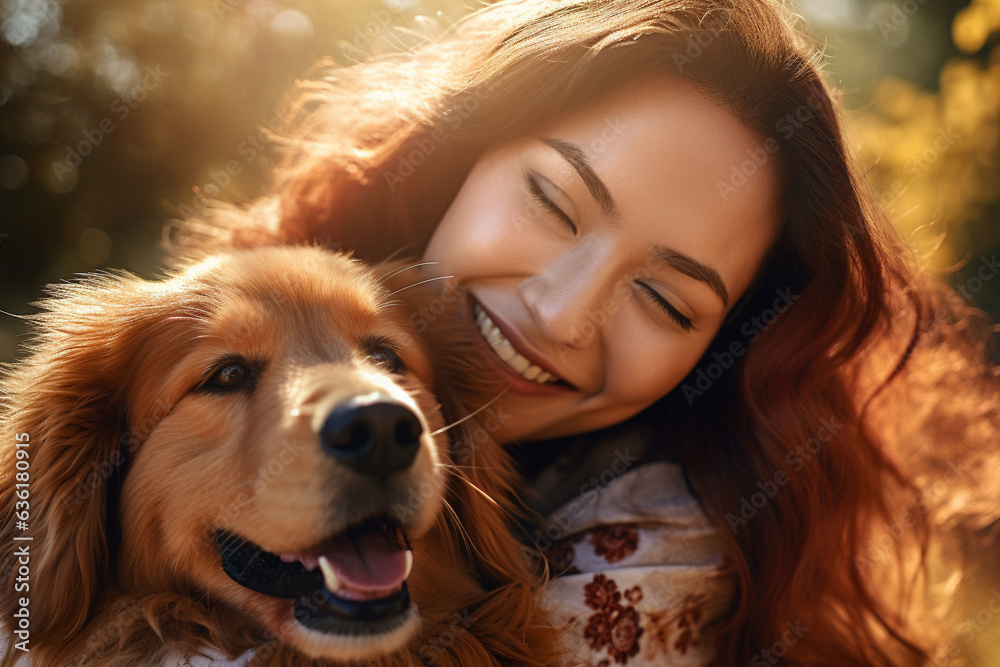 Young asian Woman smiling and hugging her dog at golden sunset light, close up face