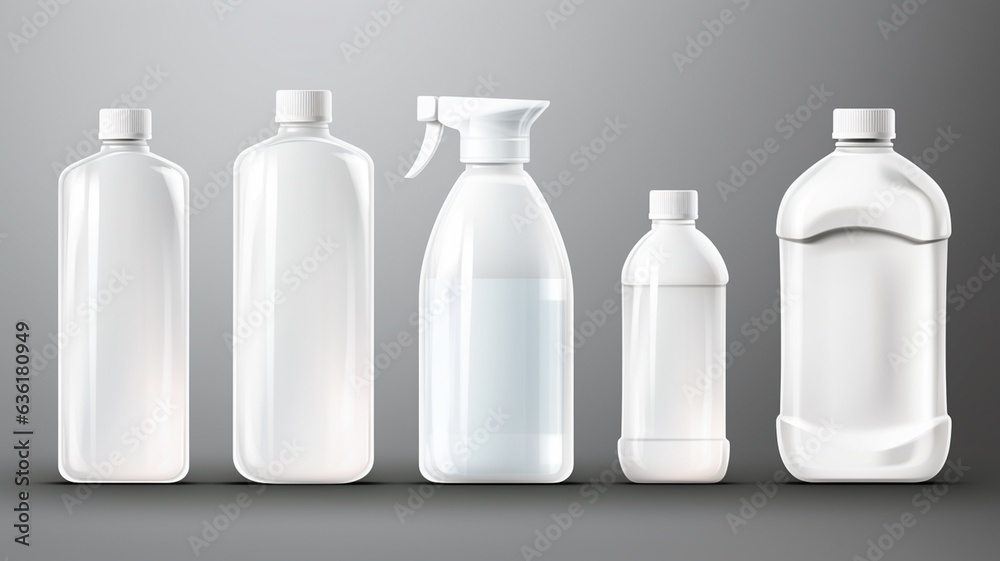 Plastic bottles for liquid soap, shampoo, conditioner, shower gel and other cleaning products on gray background Plastic bottles for liquid soap, shampoo, conditioner, shower gel and other cleaning products on gray background